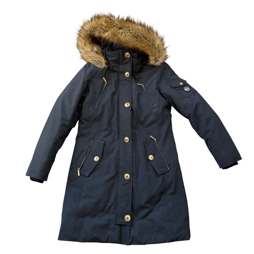 Michael Kors Black Down Parka Faux Fur Hood Gold Hardware XS M822358T